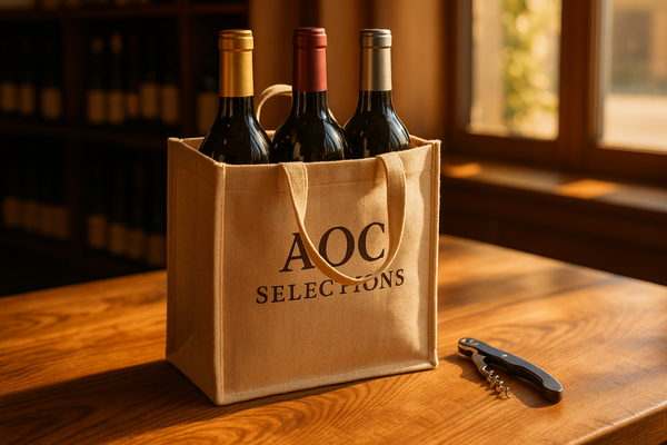 Warm photo of a bag of three wine bottles with our logo for AOC Selections on it on a wooden table in a nice shop with sunlight comign in through the window.Wine key to the side of it in navy. Grain nicely visible on the wood. A variety of colors on the foils of the bottles. 